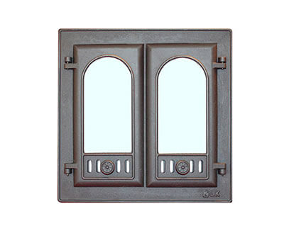 Чугунная двухстворчатая каминная дверца со стеклом LK 300